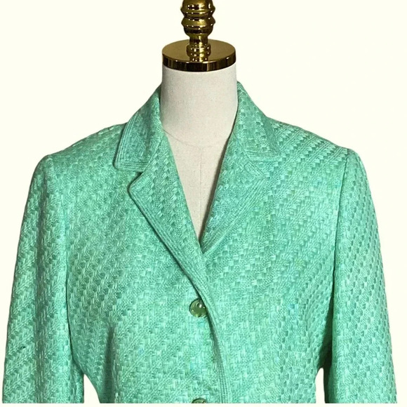 ELIE TAHARI Women Mint Green Woven Tweed 100% Cotton Office Career Blazer Sz 12 - Picture 5 of 10